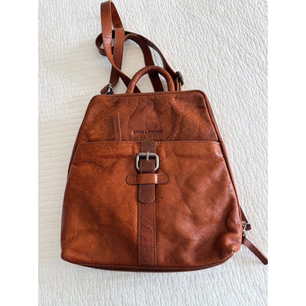 Spikes & Sparrow Cognac Brown Leather Backpack Purse Houndstooth Lining Bag